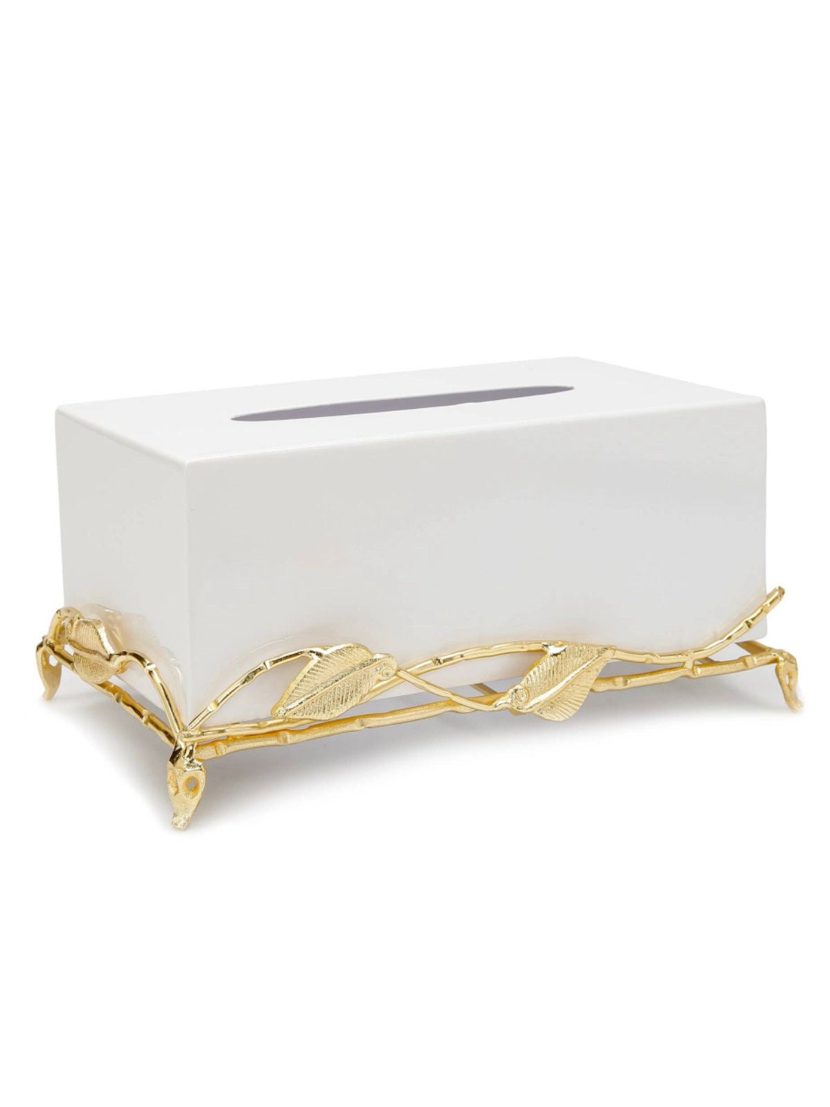 10in x 5.8in white marble tissue box holder on gold leaf design base sold by KYA Home Decor