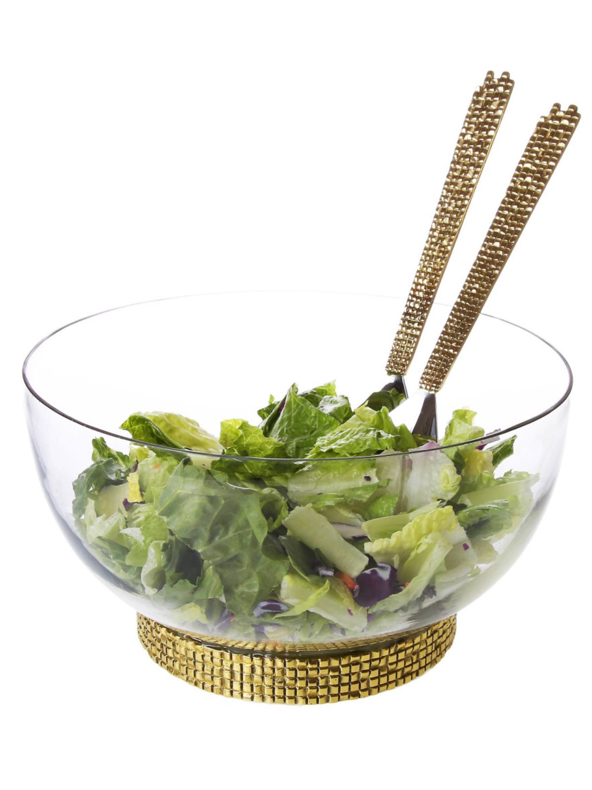 Glass Bowl With Gold Mosaic Textured Base With Salad Server Sets.