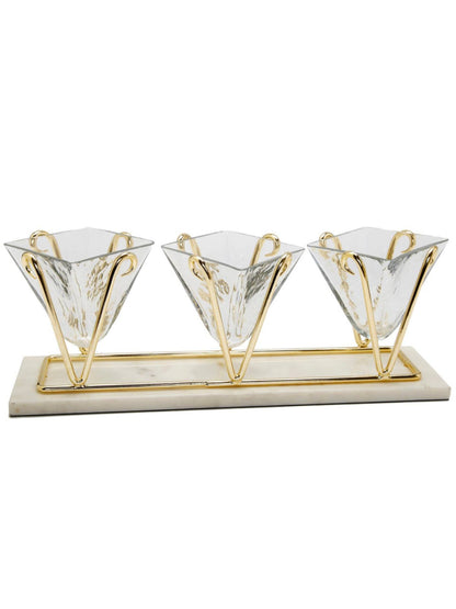 Marble Tray with 3 Glass Bowls on Gold Brass Holders.