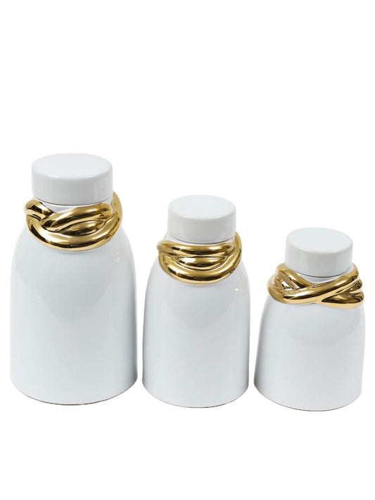 White Glossy Ceramic Lidded Jar with Stunning Gold Details available in 3 sizes.