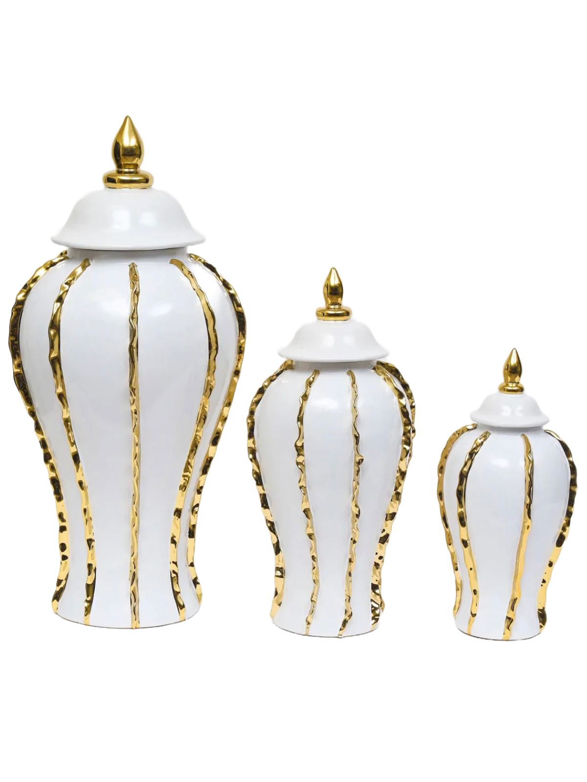 White Ceramic Ginger Jar with Gold Ruffle Details Available in 3 Sizes. Sold by KYA Home Decor.