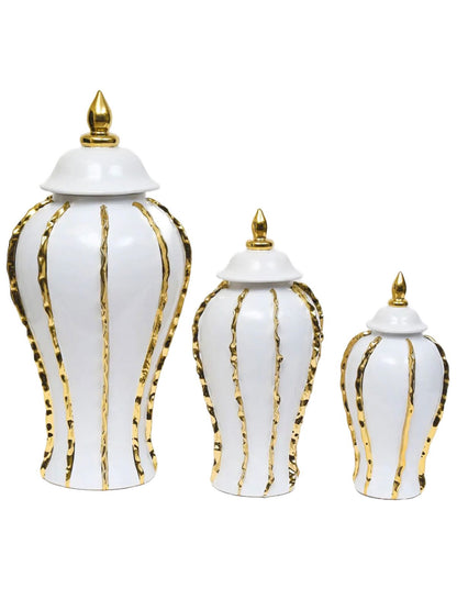 White Ceramic Ginger Jar with Gold Ruffle Details Available in 3 Sizes. Sold by KYA Home Decor.