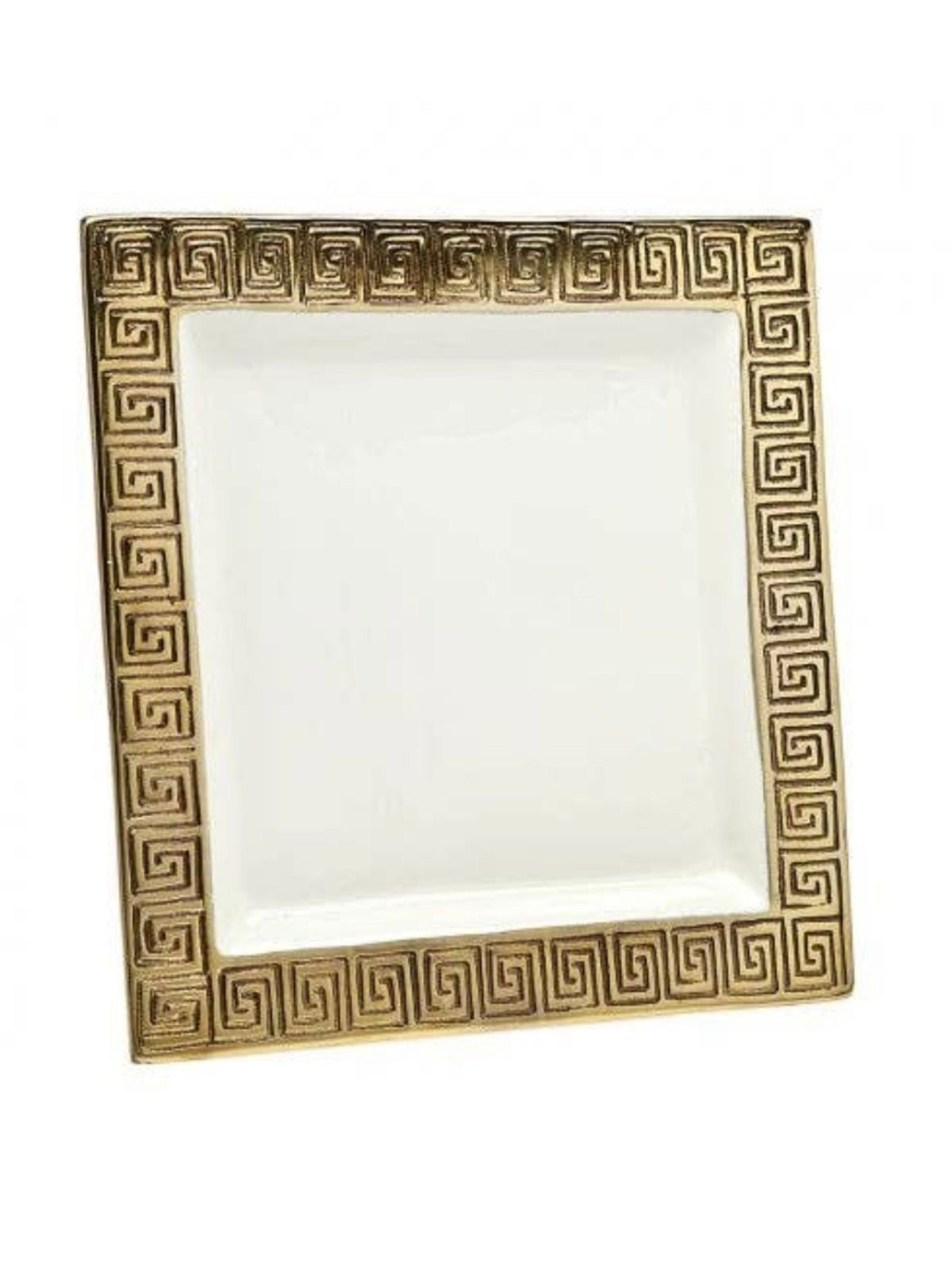 15 inch Squared White Ceramic Serving Tray with Luxurious Gold Greek Key Pattern.