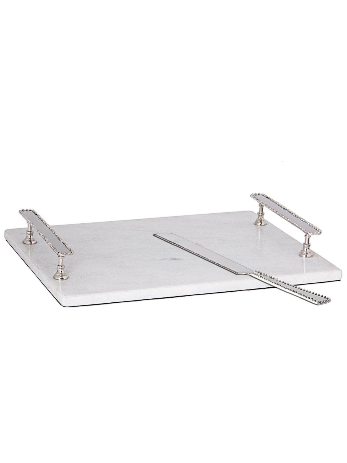 Luxurious White Marble Tray with Silver Beaded Handles and Stainless Steel Knife, 11W x 14L.