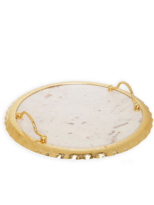 16.5 Round Marble Serving Tray with Luxury Stainless Steel Gold Handles and Ruffled Edges - KYA Home Decor.