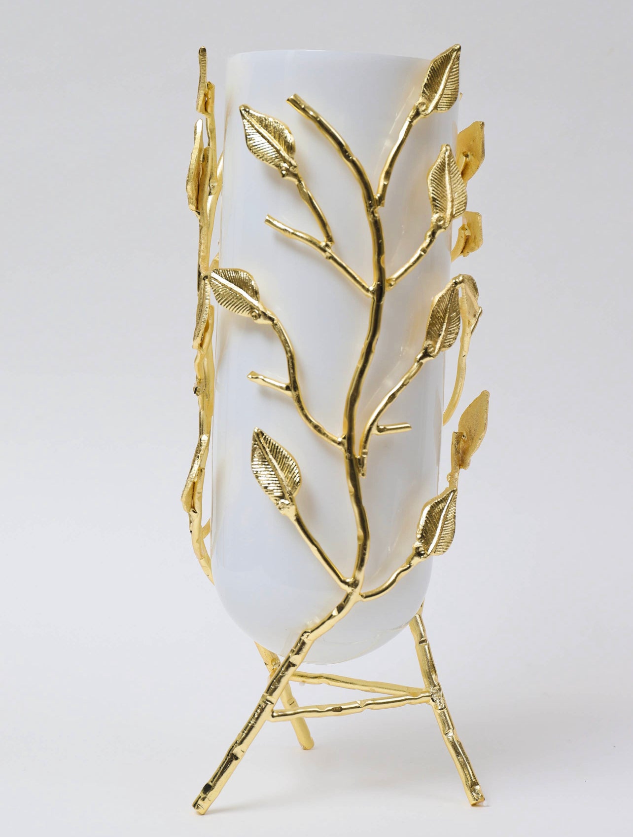 16H Gold Metal Branch Decorative Vase With Luxurious White Glass Insert.