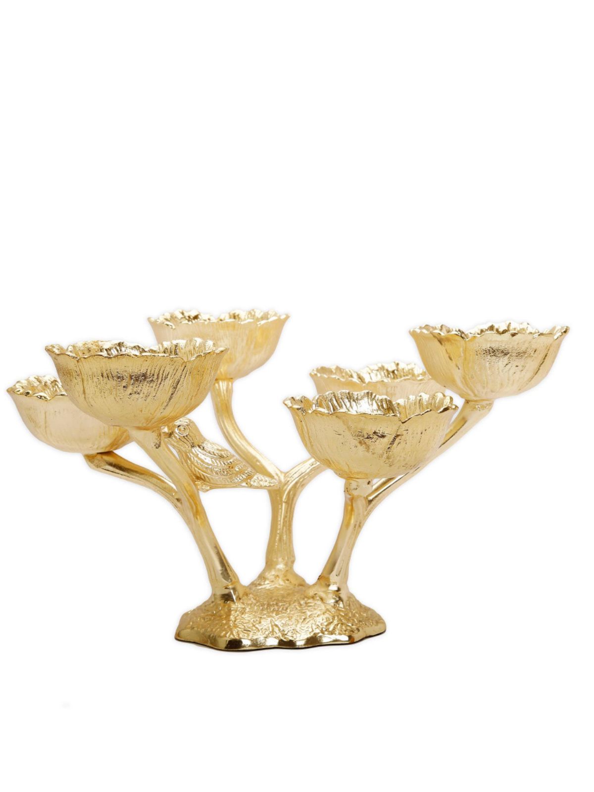 Elegant Gold snack tray with five bowls for serving dips, sides, and snacks. Stylish, functional design perfect for entertaining. Measures 14.5L x 8.25H.