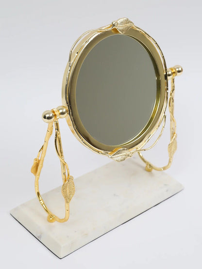 Round Table Mirror with Gold Leaf Design on Marble Base, 4 x 14 inches.