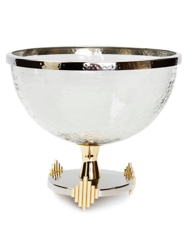 Decorative glass bowl with stainless steel base and lustrous gold symmetrical design.