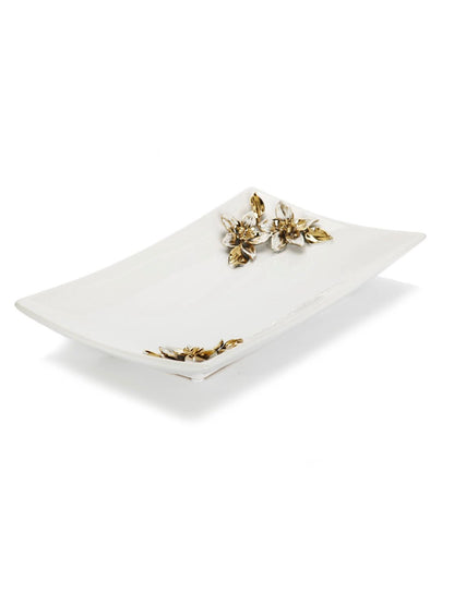 This glossy white ceramic tray has stunning gold floral details, 13.25L x 7.52W