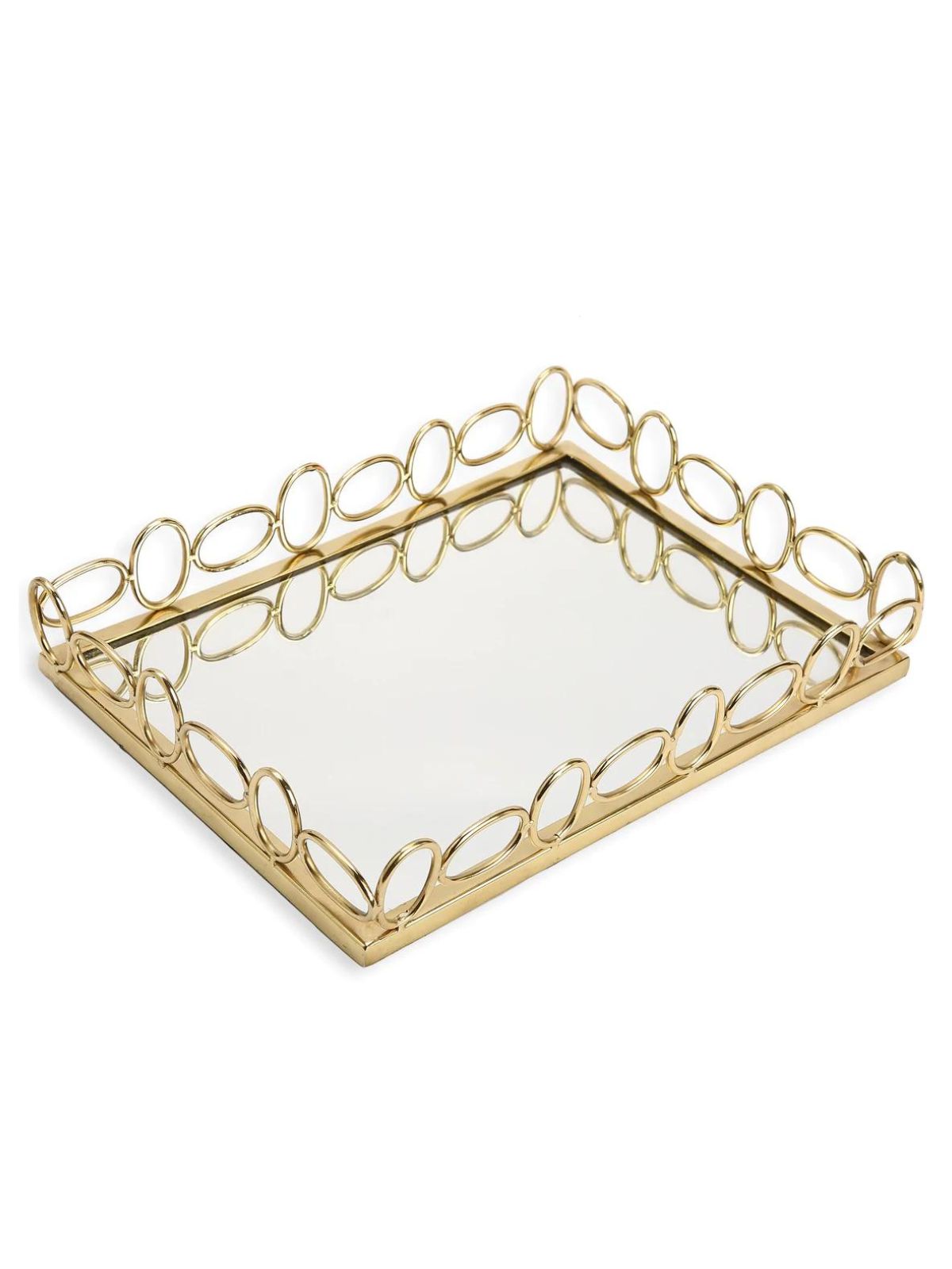 Oblong Decorative Mirror Glass Tray with Stainless Steel Gold Oval Design Sold by KYA Home Decor.