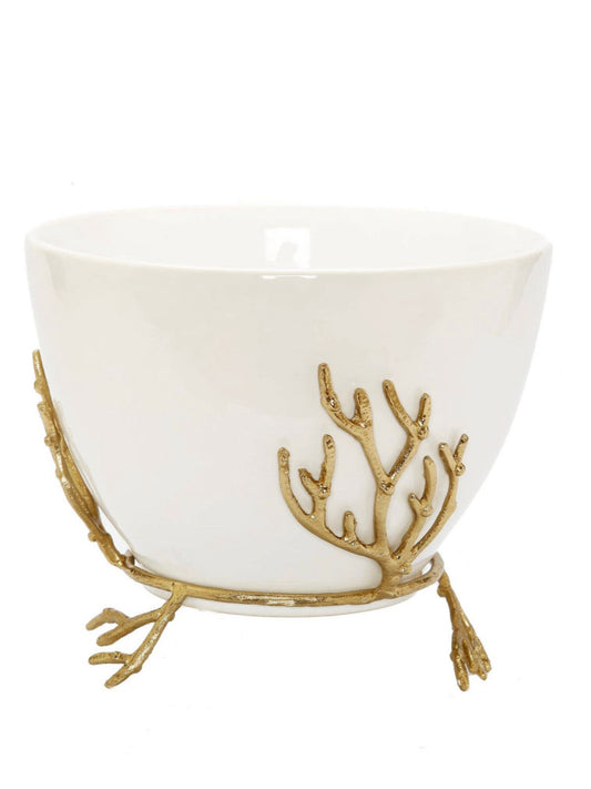 White glass decorative serving bowl with a beautifully designed gold coral base.