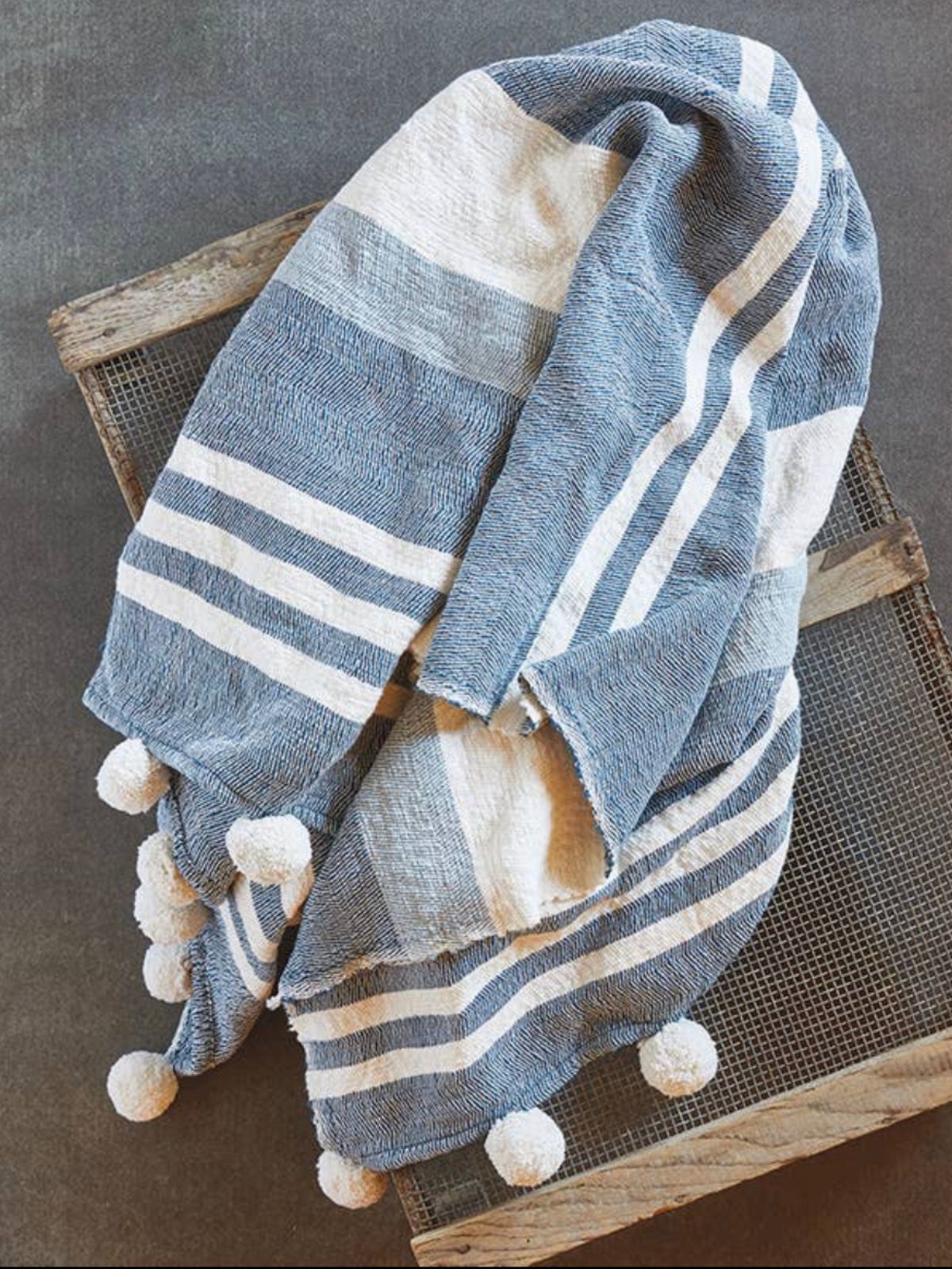 Navy Blue Stripe Slub Cotton Pom Throw Blanket Sold by KYA Home Decor , 50W x 60L.