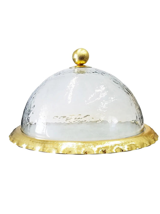 13.5 Hammered Glass Cake Dome with Stainless Steel Gold Ruffled Border Plate sold by KYA Home Decor.