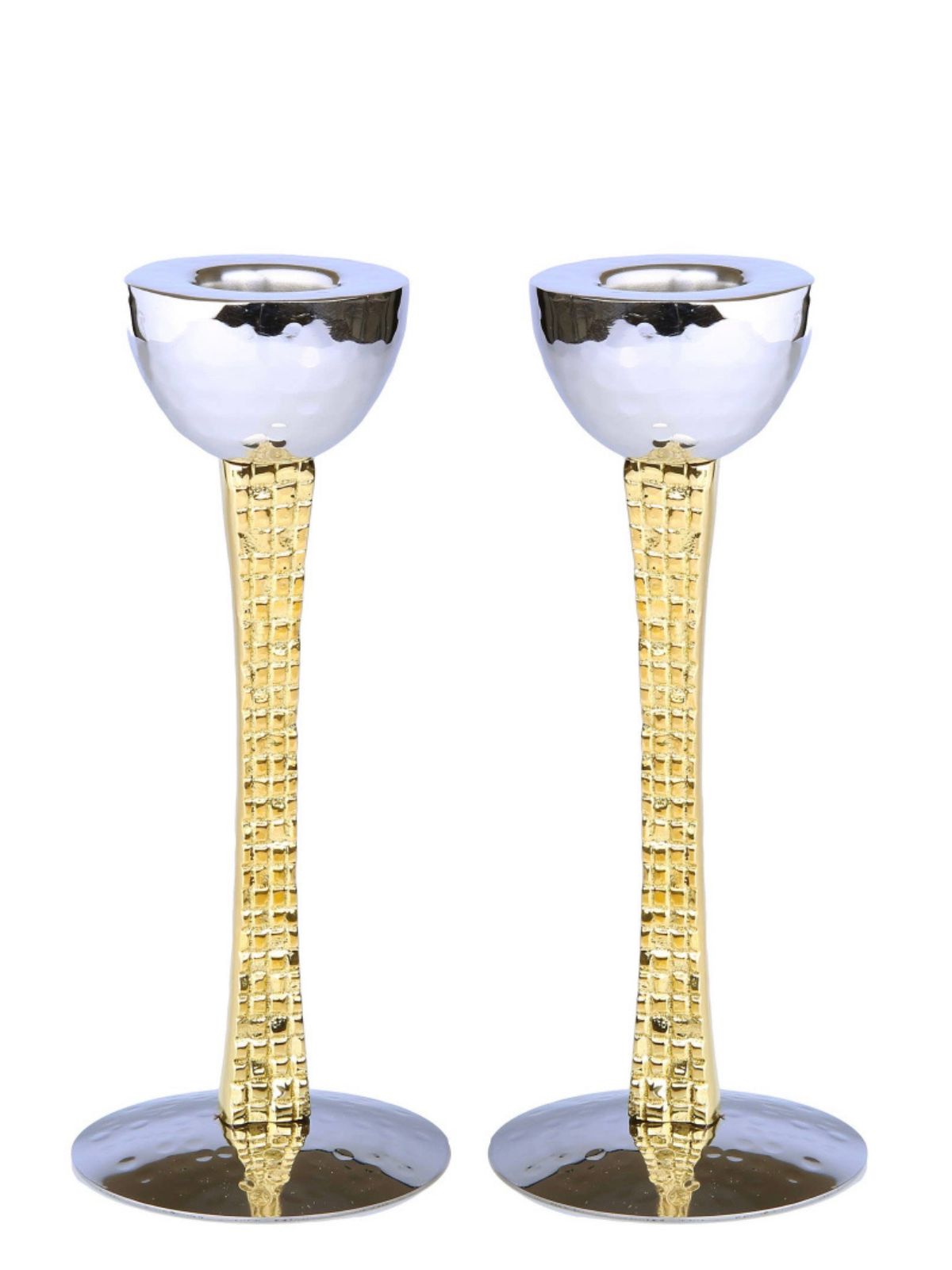 Set of 2 6H Stainless Steel Silver Candle Holders with Gold Mosaic Designed Stems - KYA Home Decor.