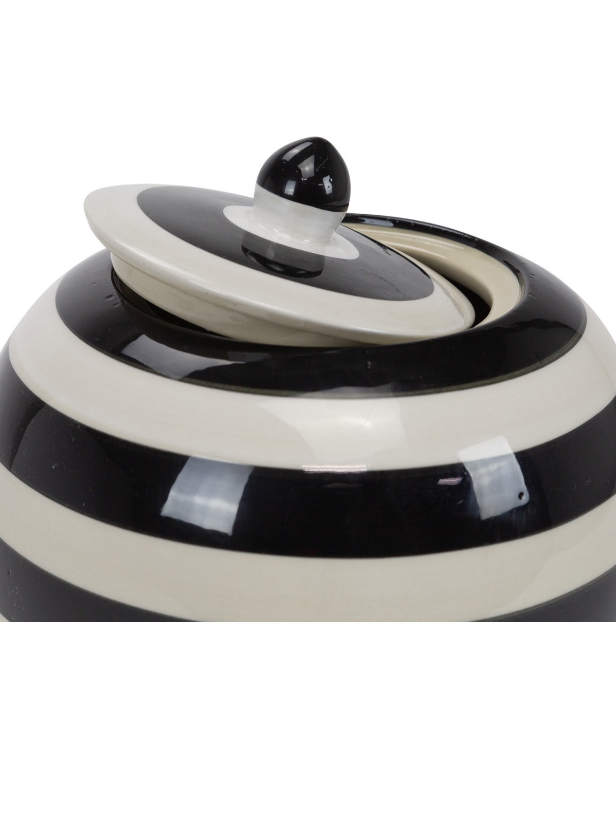 9.5 inch Ceramic Jar with Black and White Stripe all around and removable lid, sold by KYA Home Decor. 