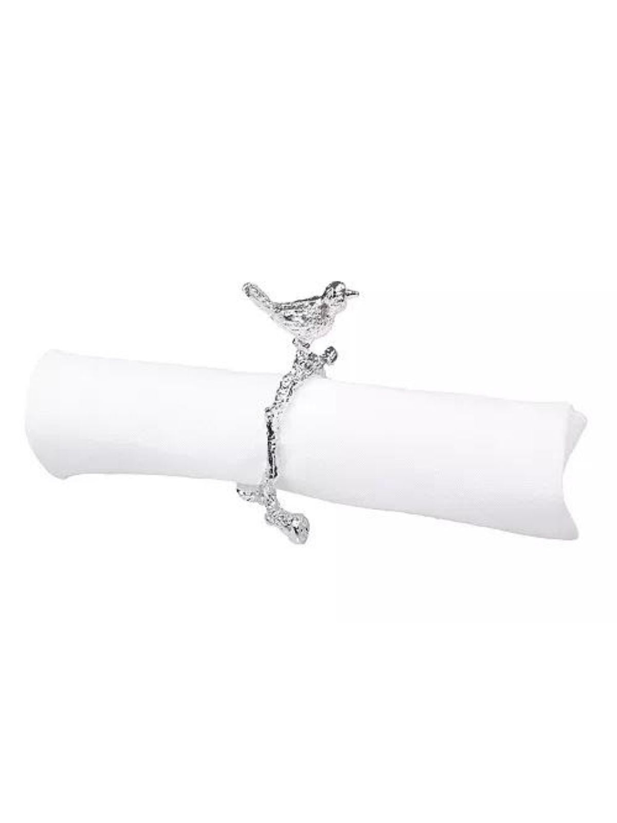 Set of 4 Silver Bird On Twig Designed Stainless Steel Napkin Rings.
