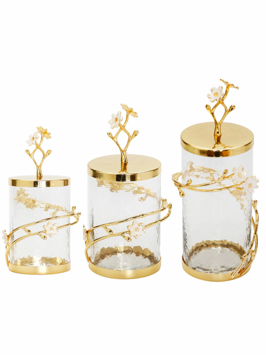 Luxury Kitchen Glass Canister with Enamel Cherry Blossom Flower Design and Gold Lid, 3 Available Sizes.