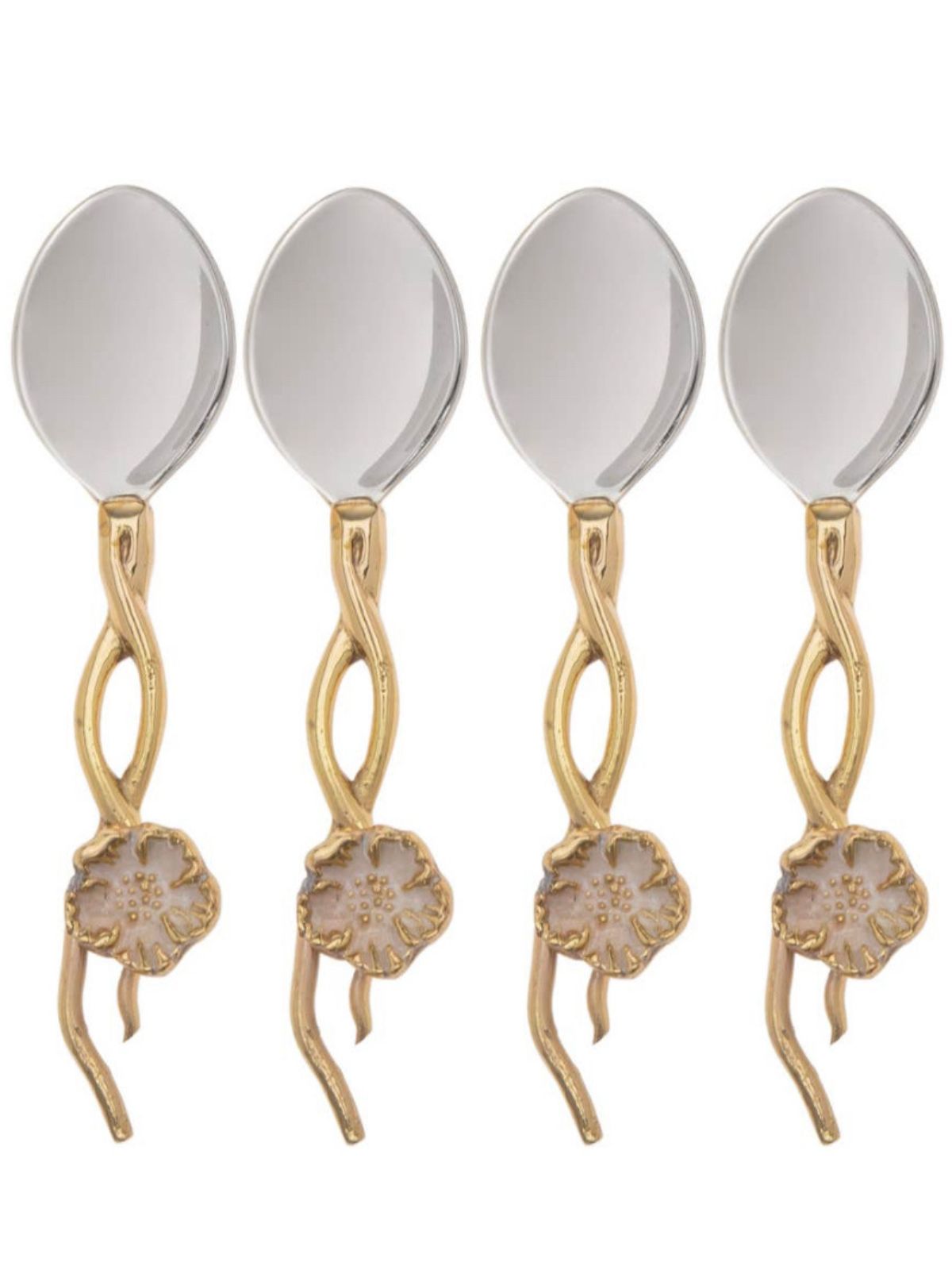 Stainless Steel Dessert Spoons with Gold Flower Handles, Set of 4.
