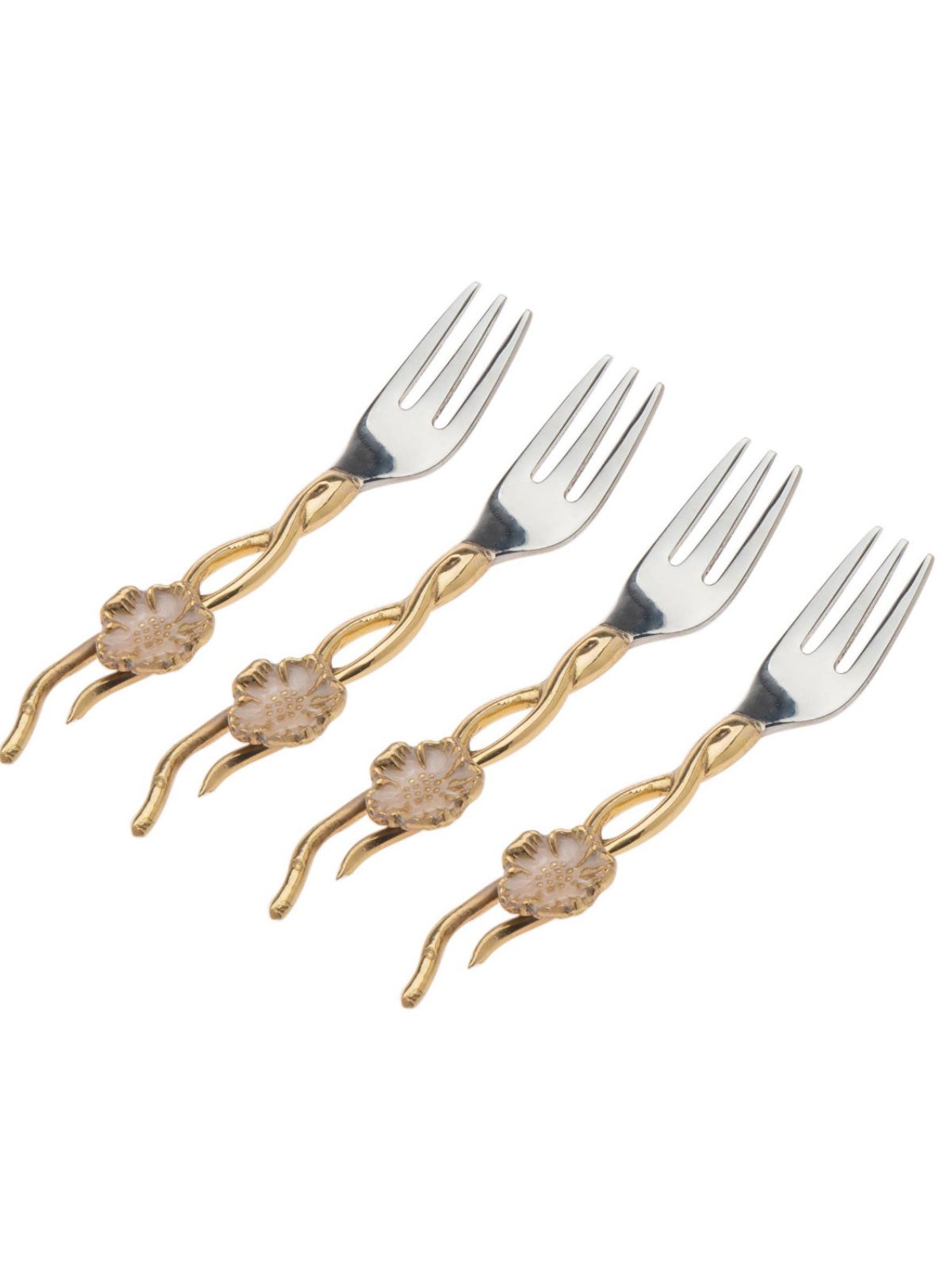 Stainless Steel Dessert Forks with Gold Flower Design handles.