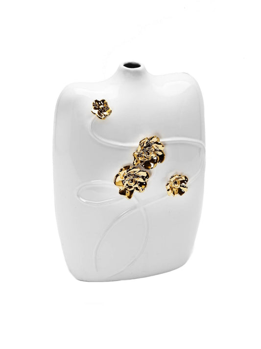 White Ceramic Vase with Gold Flower Petals, 13.75H.