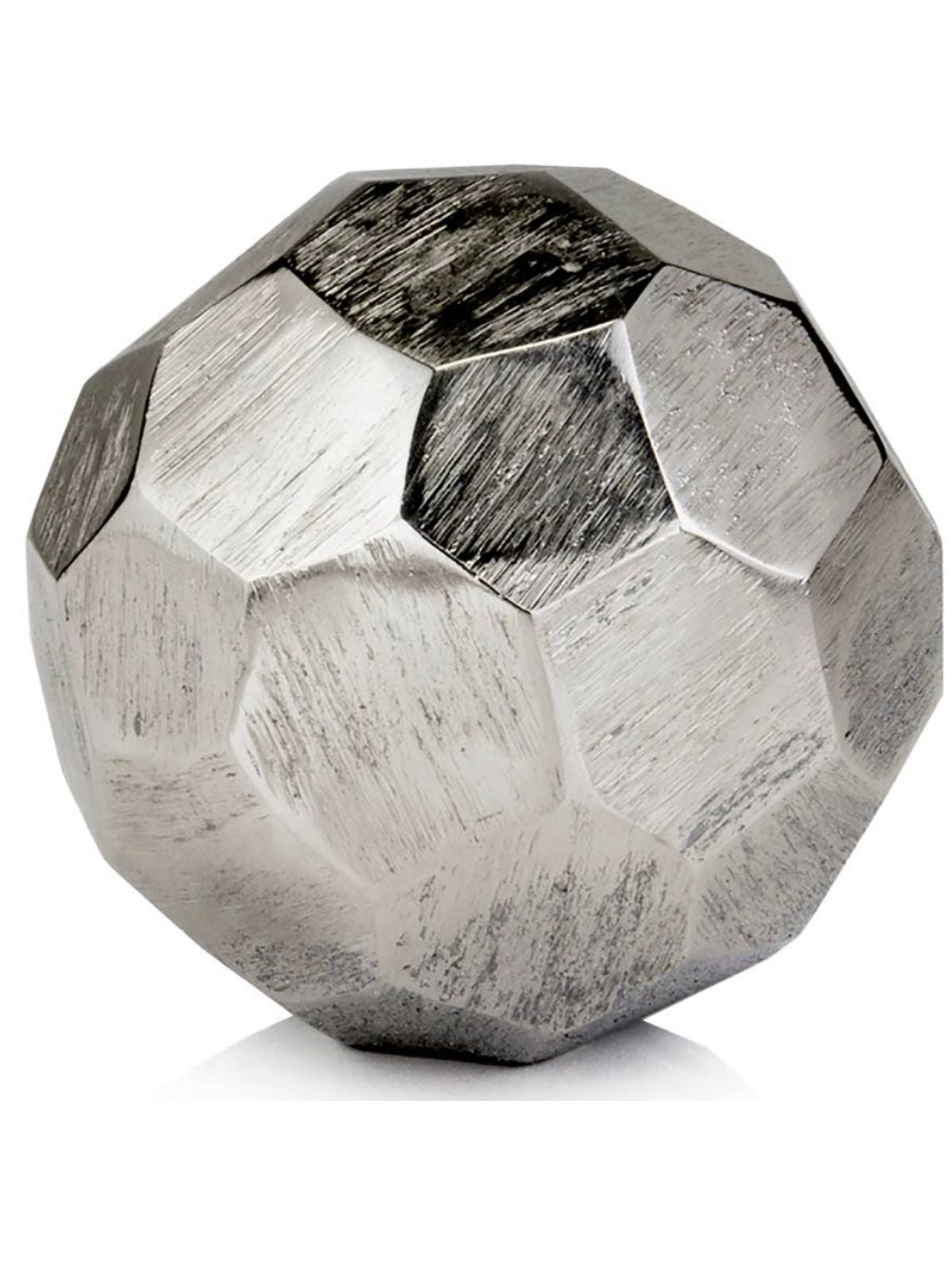 This gorgeous faceted sphere is fashioned from aluminum with an elegant rough silver finish. It has a round-shaped body and a felted bottom to protect all surfaces. Lavish your space by pairing this accent piece with others from this collection. 