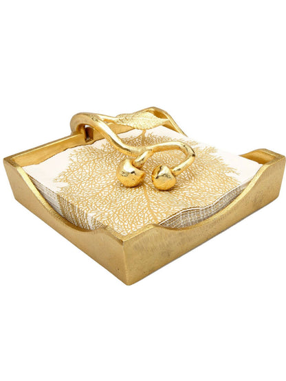 7 inch Squared Stainless Steel Gold Napkin Holder with Cherry Leaf Shaped Tongue. 