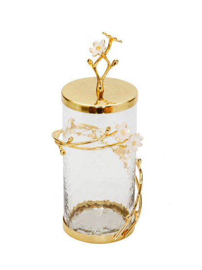 12H Luxury Glass Canister with Enamel Cherry Blossom Flower Design and Gold Lid - KYA Home Decor. 