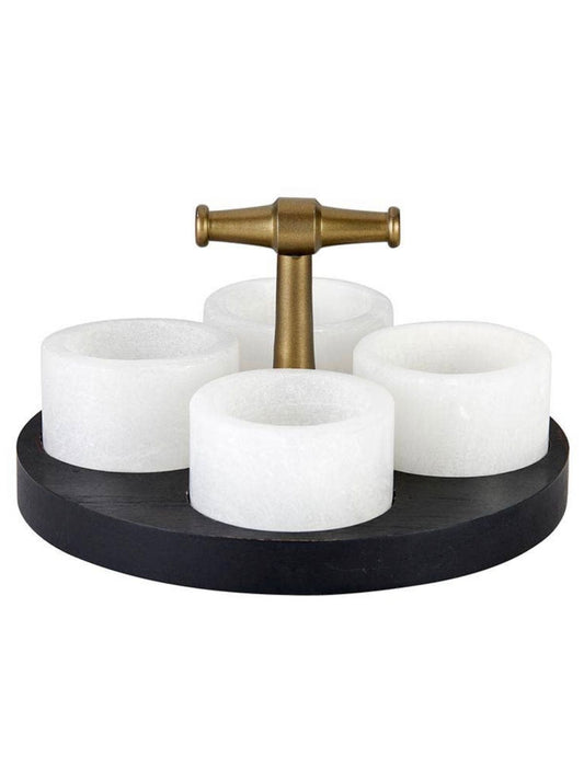 This is an elegant display for your everyday condiments and seasonings. Features four condiment bowls that are hand crafted from alabaster and set in an Acacia wood stand. Sold By KYA Home Decor
