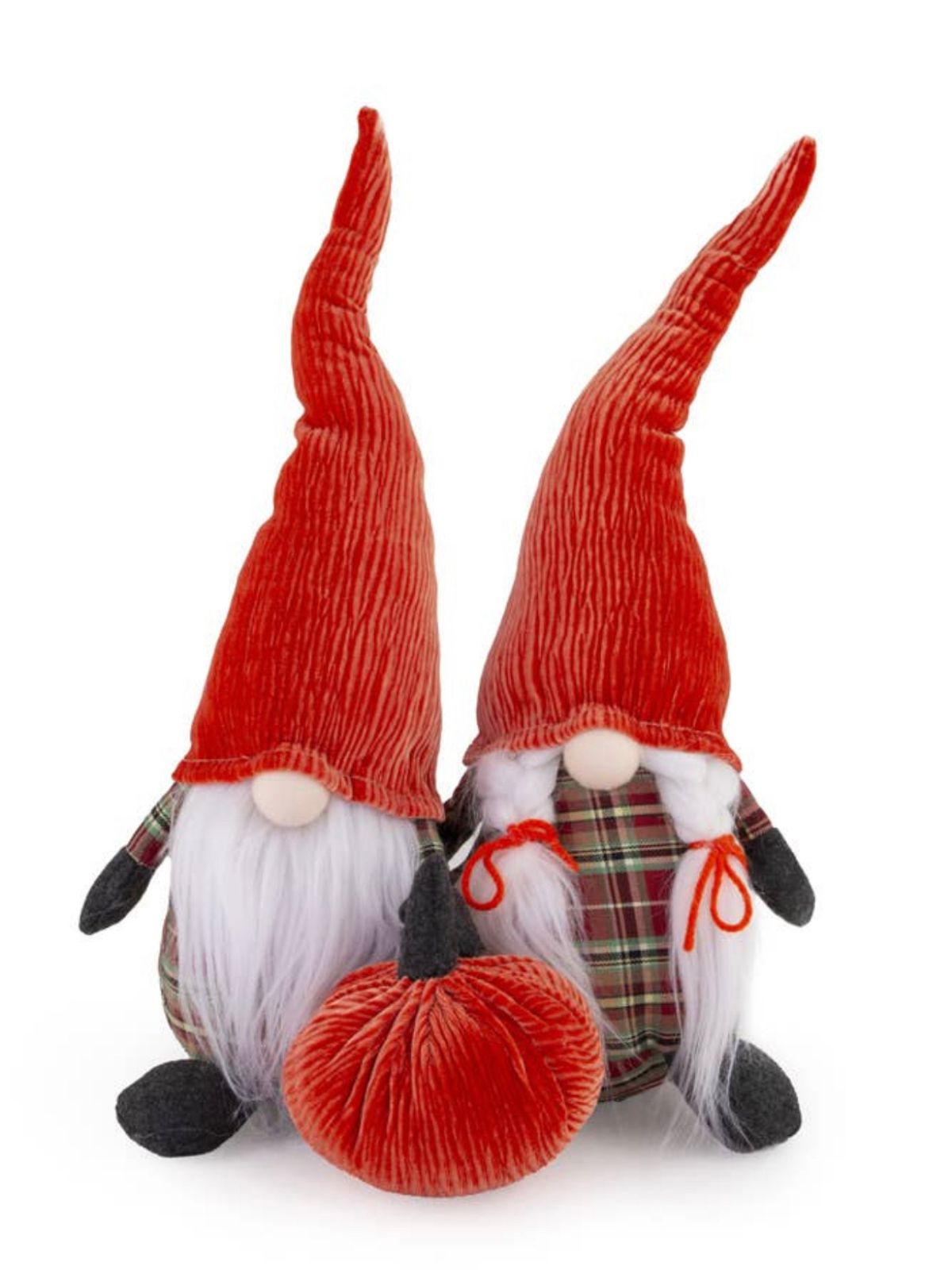 Add a charming touch to fall home decorating with this pair of fabric gnomes each with an orange corduroy hat.
