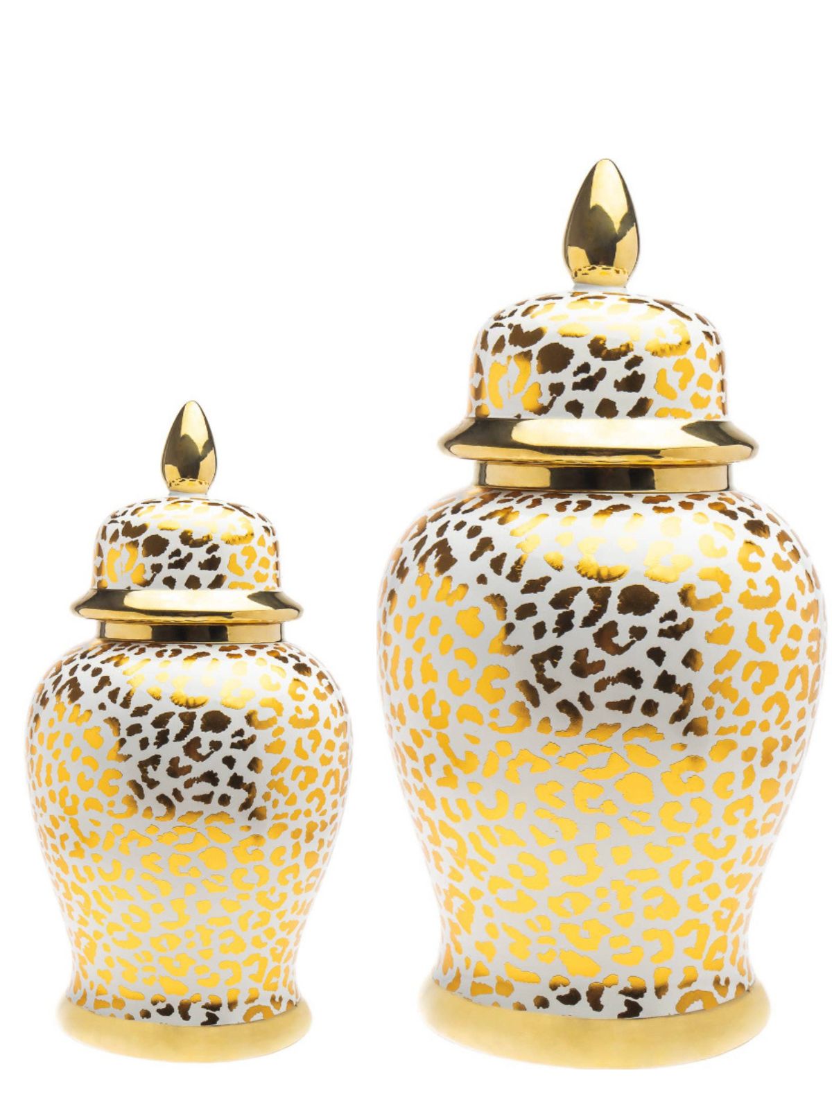 Leopard Print Porcelain Ginger Jar with an elegant gold-tone rim and base. Available in 2 sizes