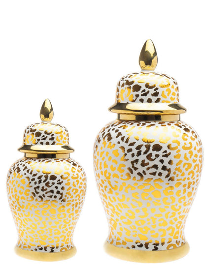 Leopard Print Porcelain Ginger Jar with an elegant gold-tone rim and base. Available in 2 sizes