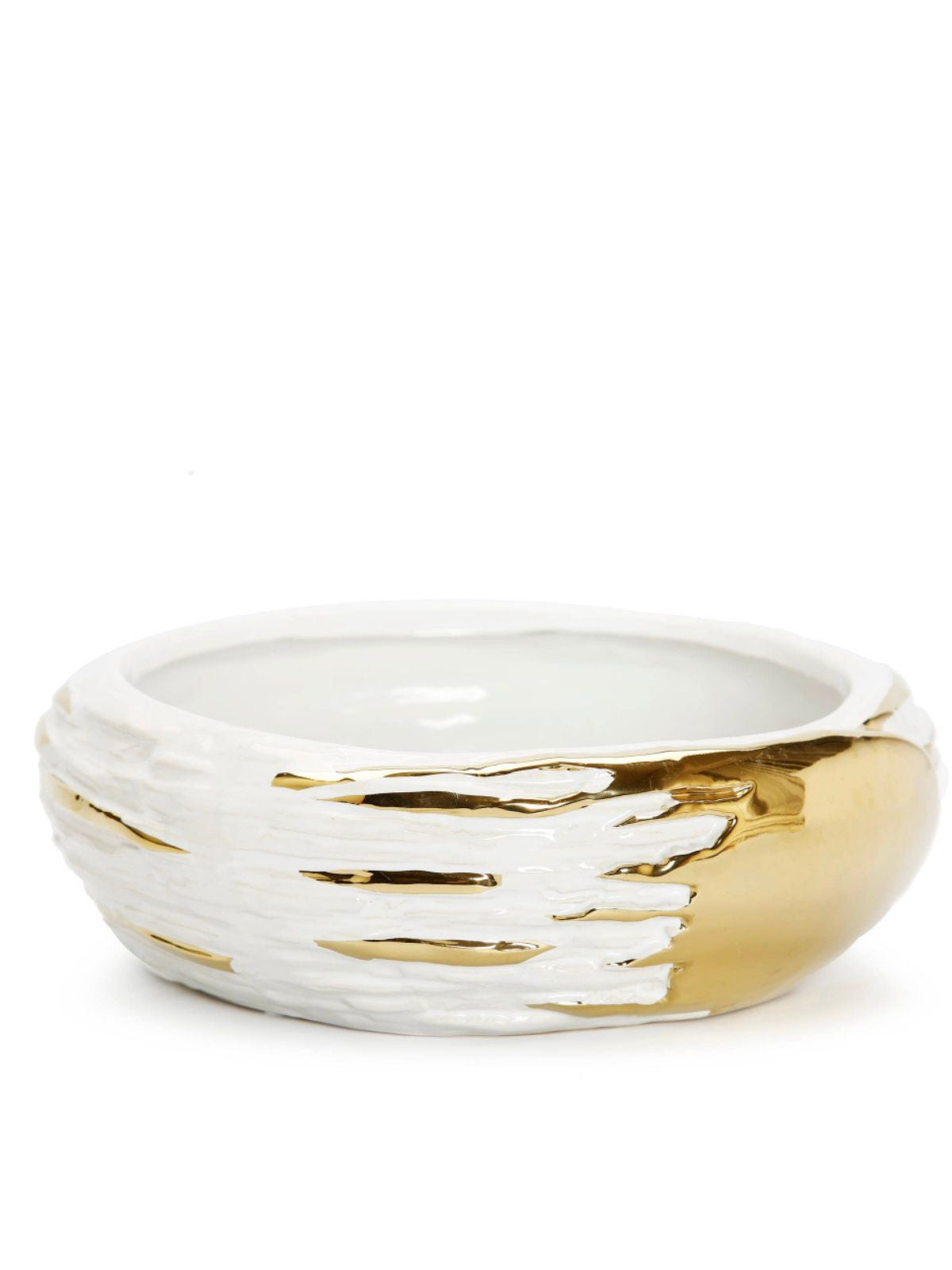 11 inch White Ceramic Bowl With Stunning Gold Textured Brush Design - KYA Home Decor
