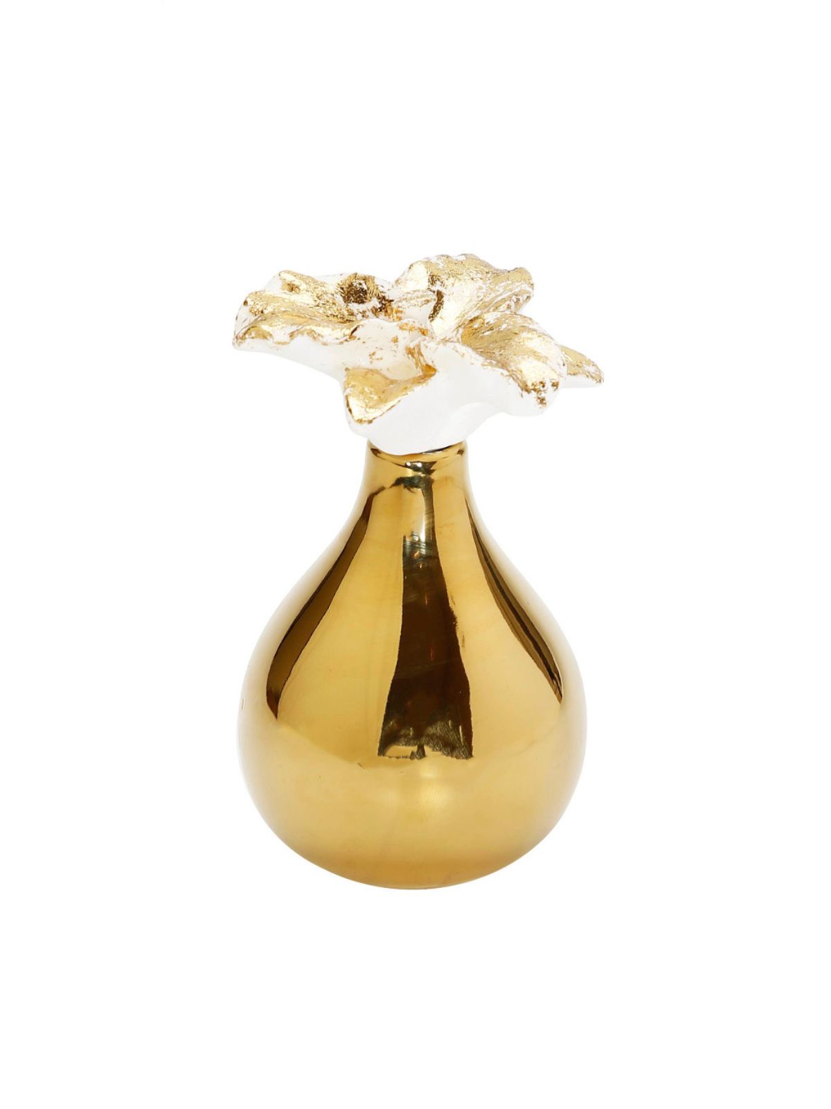Iris and Rose Scented Diffuser in Polish Gold Narrow Top with Dimensional White Flower Sold by KYA Home Decor. 