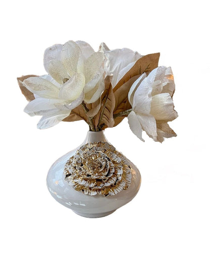 10 inch Luxury White Ceramic Decorative Vase With Gold Flower Design - KYA Home Decor