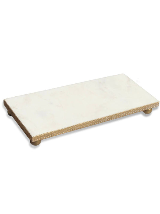 14L x 6W White Oblong Decorative Tray with Beaded Gold Edges.