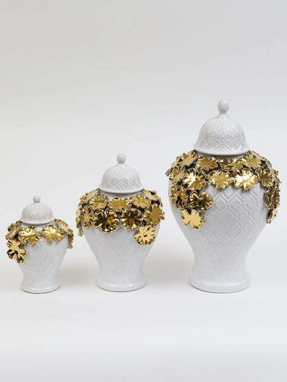 White Textured Ginger Jar With Gold Floral Details. Available in 3 Sizes, Sold by KYA Home Decor.