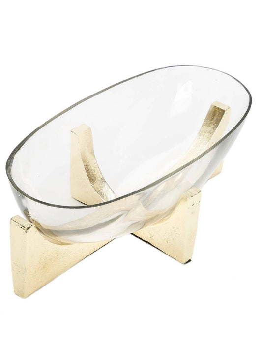 12L x 5W Glass Oval Bowl On Gold Stainless Steel Block Base Sold by KYA Home Decor