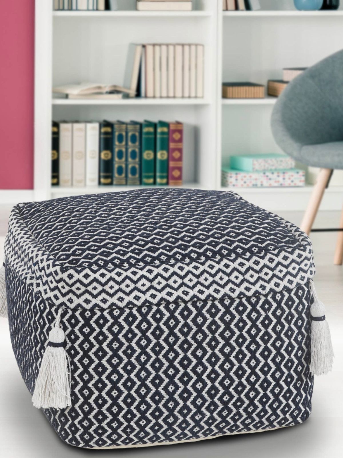 This classic coloring and geometric design is sure to thrill! Bring the versatility of our pouf collection home with you today.