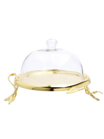 10.5D stainless steel gold leaf designed cake plate with glass dome.