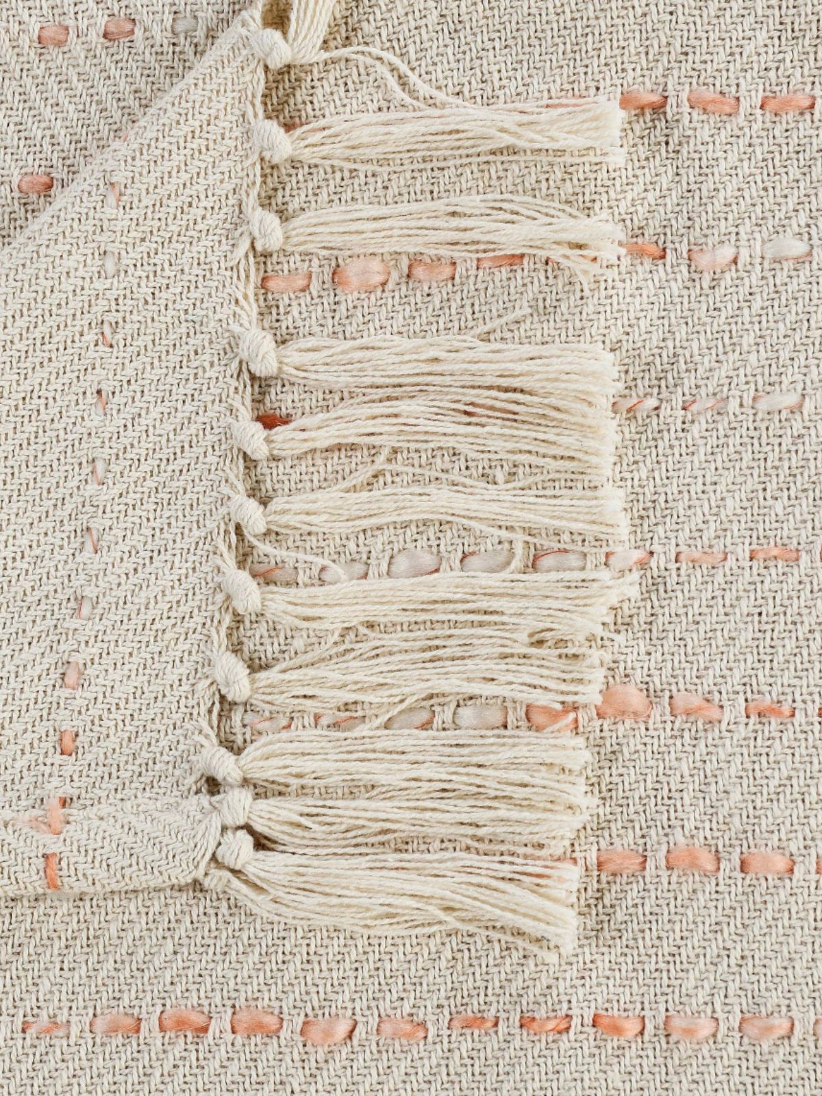 Peach Stripe Woven Cotton Throw Blanket with Fringe, 50W x 60L. Close up.
