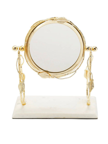 Round Table Mirror with Gold Leaf Design on Marble Base sold by KYA Home Decor.
