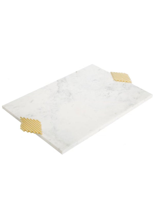White Marble Decorative Tray with Gold Diamond Designed Handles, 16L x 11W. 