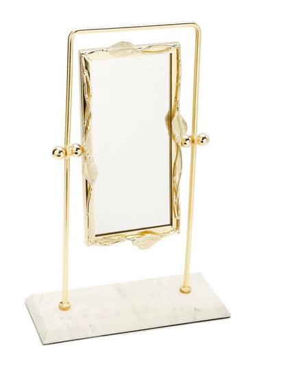 Gold Rectangular Mirror with Leaf Design on Marble Base Sold by KYA Home Decor.
