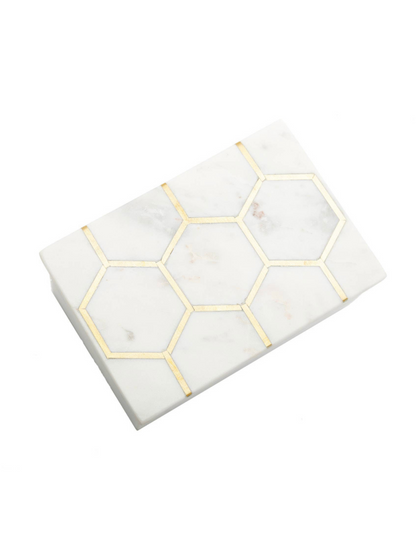 White Marble Box With Gold Hexagon Design on Cover.