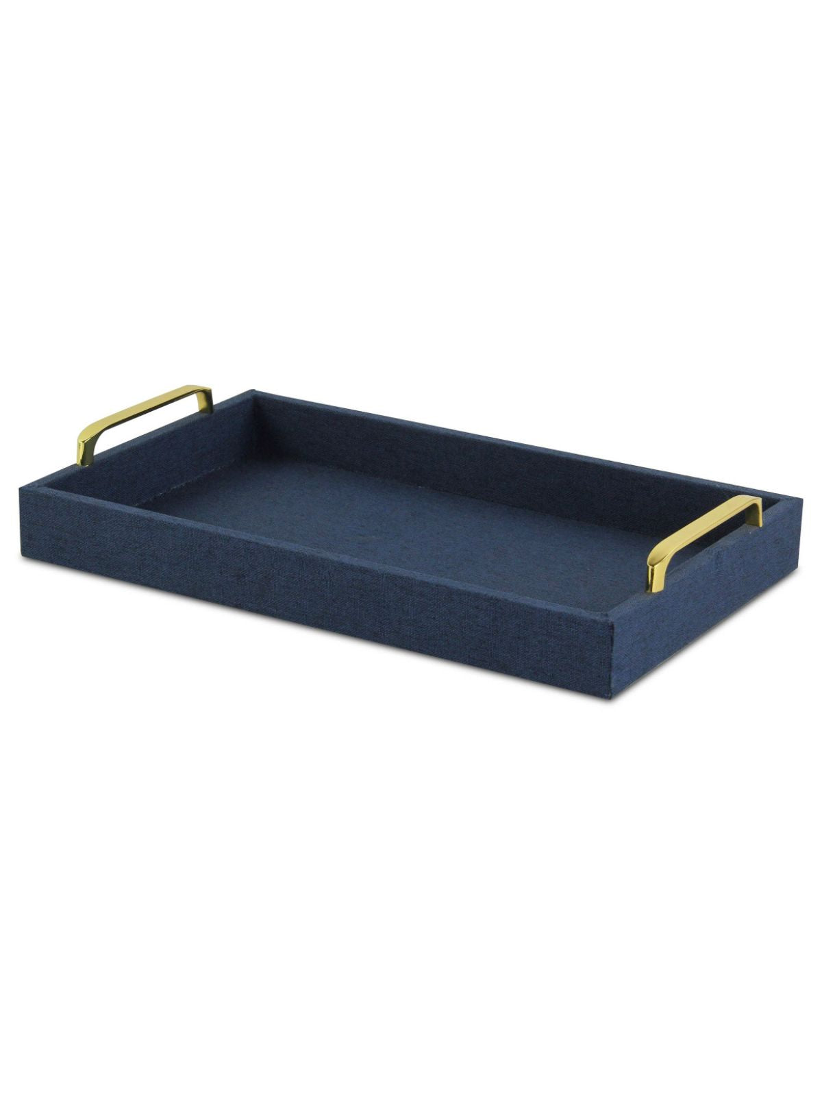 The Isola Di Canter Linen Tray in Navy Blue is an entirely handmade and hand crafted design that blends an engineered wood frame with a linen outer fabric and metal hardware.