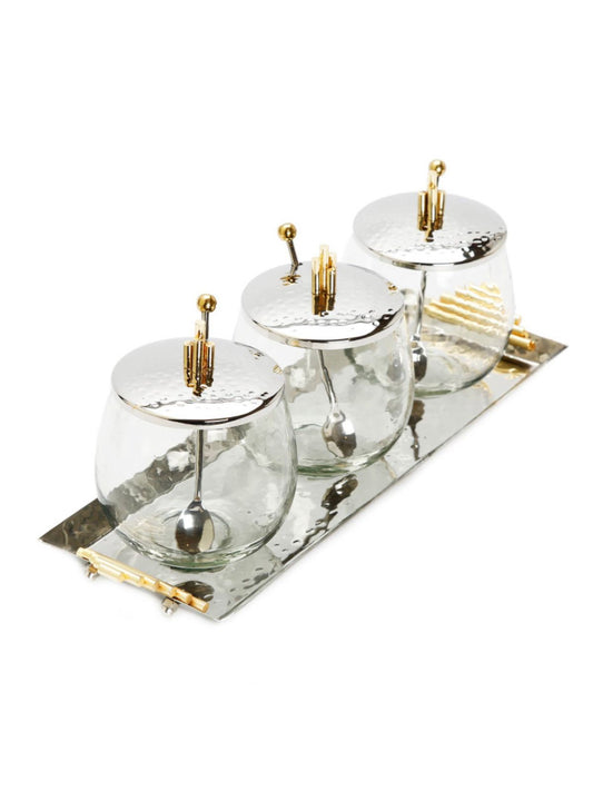 3 Glass Bowls and Spoons On Stainless Steel Tray With  With Gold Diamond Designed Handles - KYA Home Decor.