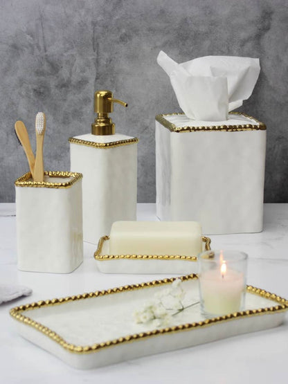 Elevate the look of your vanity with this elegant soap dispenser. Made from hight quality and High- fired porcelain with gold titanium beading. Both practical and charming, bring elegance into your house! 
