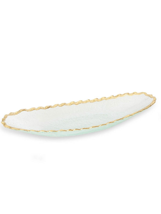 This glass tray serves as an elegant piece to enhance your dining experience. Whether it's an everyday dinner or an elegant affair, this tray is designed with a gold glossy rim to add a sophisticated feel.