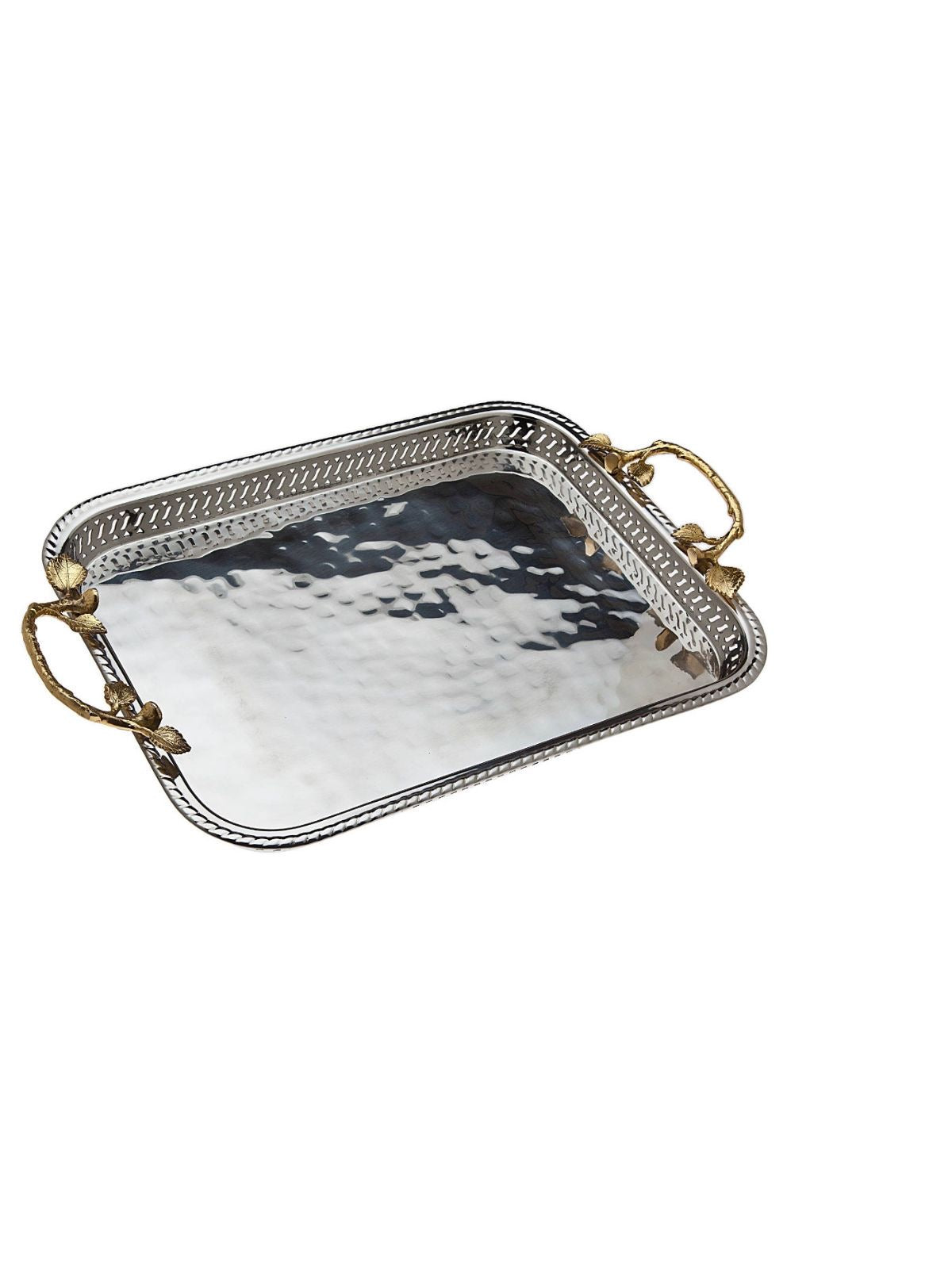 Stainless Steel Gallery Tray with Gold Leaf Designed Handles, Measures 16.25L.